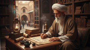 یک دعانویس در اتاق نشسته و در حال نوشتن دعا می باشد. دعانویسی چیست و بهترین دعا نویس تهران کیست؟