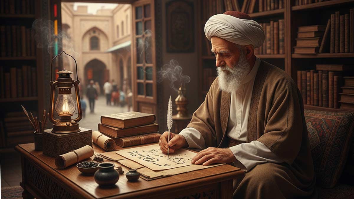 یک دعانویس در اتاق نشسته و در حال نوشتن دعا می باشد. دعانویسی چیست و بهترین دعا نویس تهران کیست؟